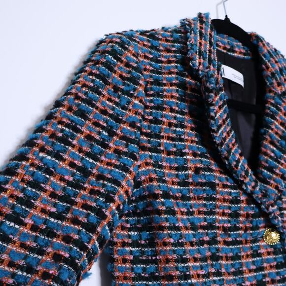 ZARA Tweed Textured Fitted Blazer Multicolor Frayed Trim Gold Button Women's XS - Picture 10 of 14